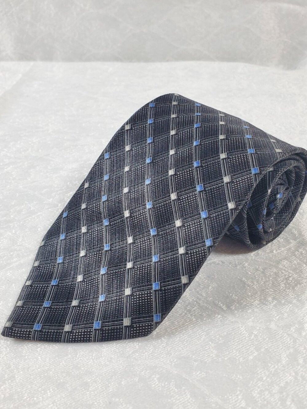 Puritan All Silk Stain Resistant Tie Gray Blue Geometric Plaid 60"